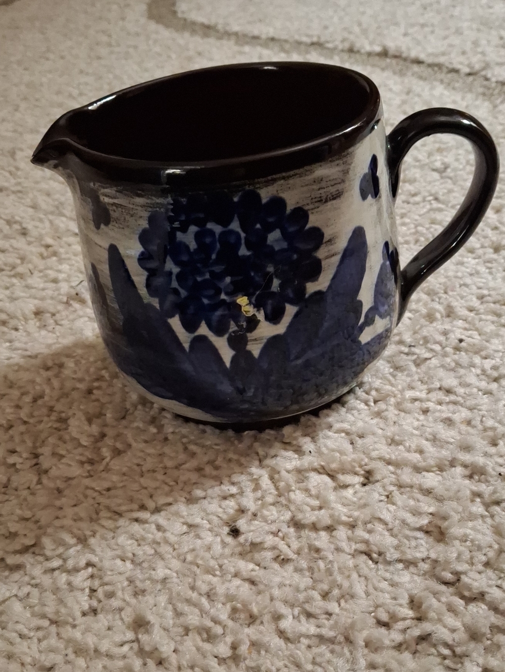 Blue Floral Ceramic Creamer Pitcher with Glossy Black Interior